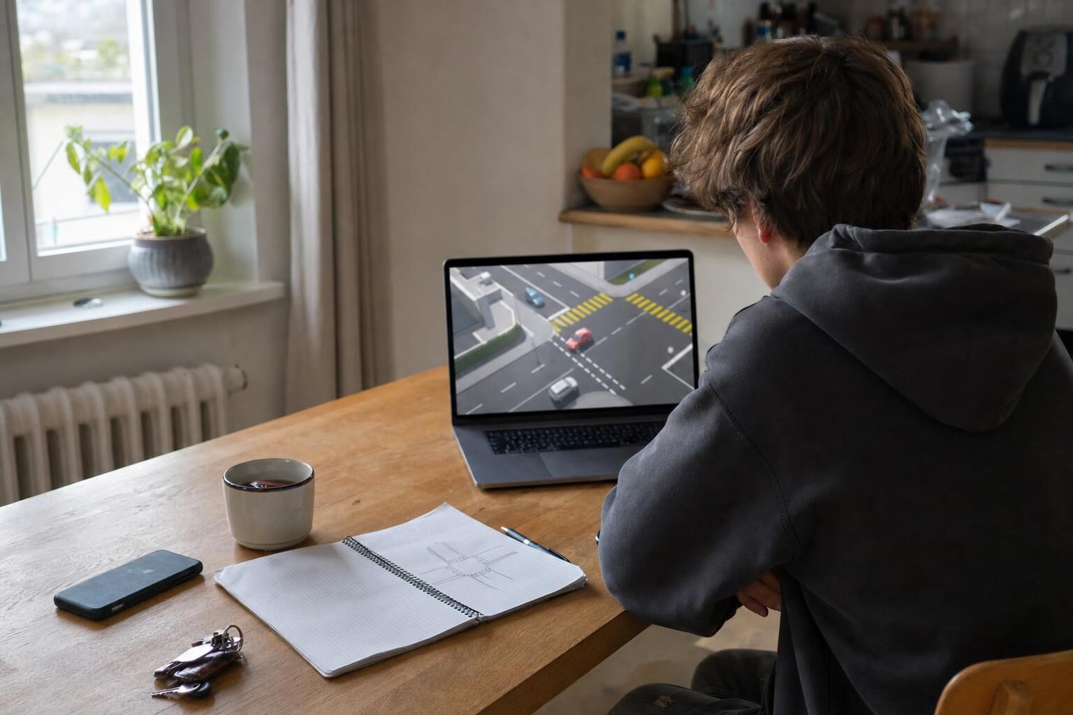 Élève qui suit un cours de théorie en vidéo sur son ordinateur portable